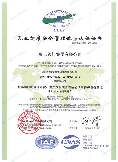 职业健康安全管理体系认证证书-中文版